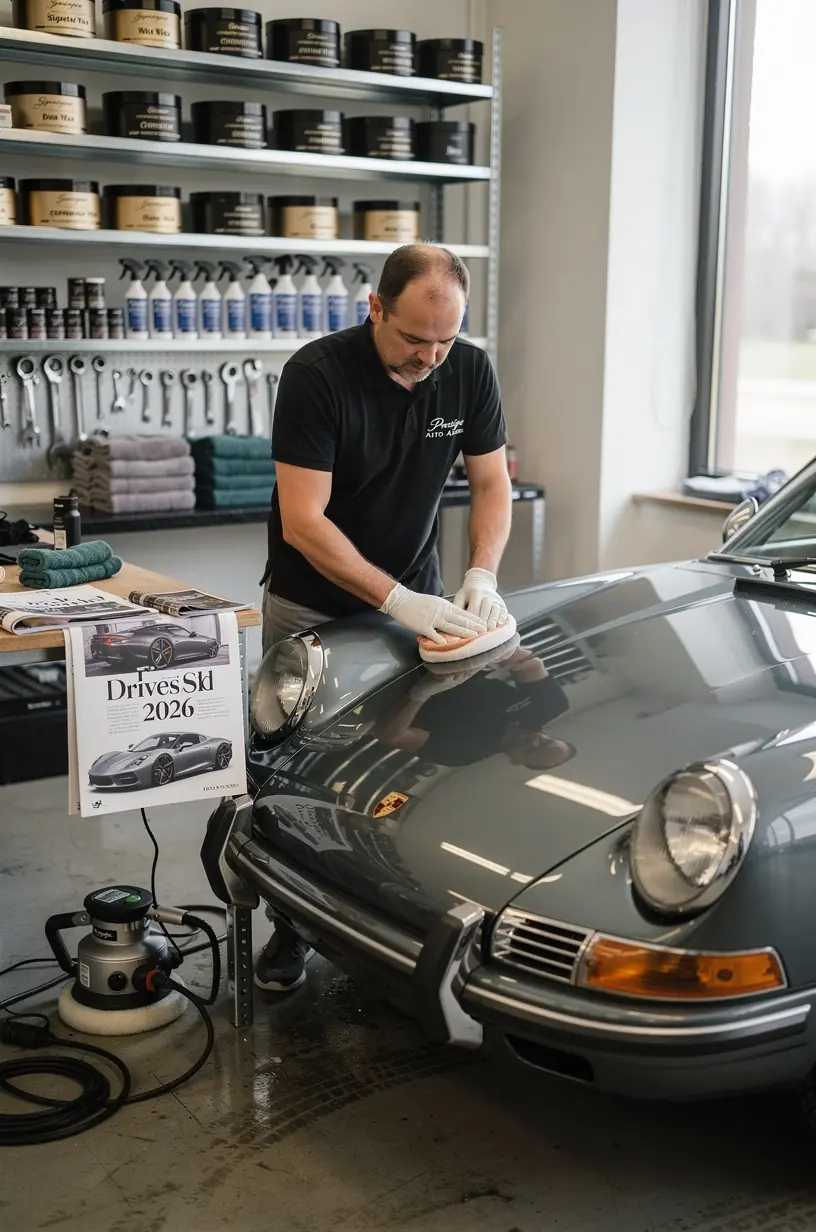 Customer consulting with a service advisor in a modern New York luxury vehicle maintenance boutique focused on premium imported brands